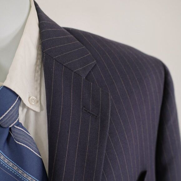 Stafford Super 100s Wool Blue Striped 2 Piece Suit 44R 37/33 Flat Front High Ris - Picture 5 of 16
